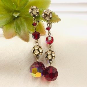 Vintage  Red Crystal clip on dangle earrings